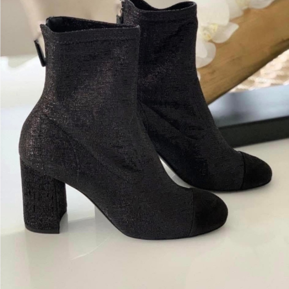 CHANEL Shimmering Black Ankle Boots. Size 37.5 - run small. New/excellent.